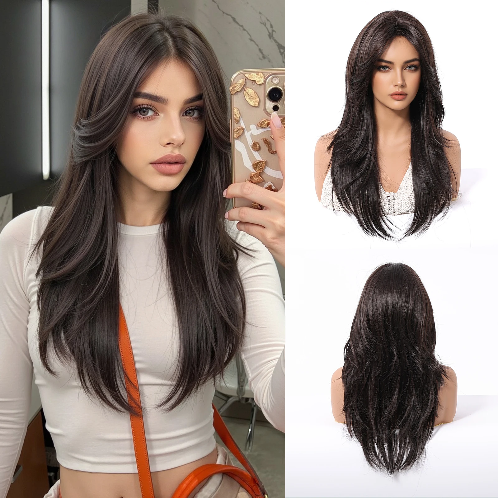 GEMMA Dark Brown Wig Long Straight Synthetic Layered Medium Part Wigs Daliy Cosplay for Women High Temperature Natural Fake Hair