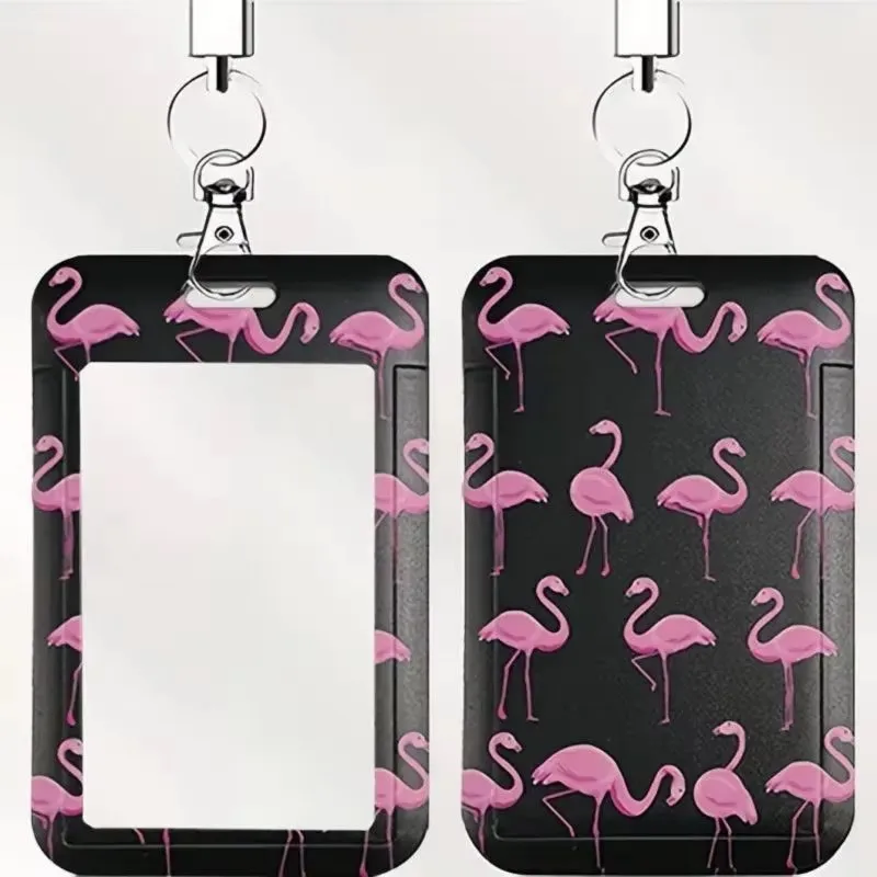 Flamingo Print Adjustable Necklace and Keychain - Black with Pink Flamingo Design, Durable Fabric with Metal Clasp