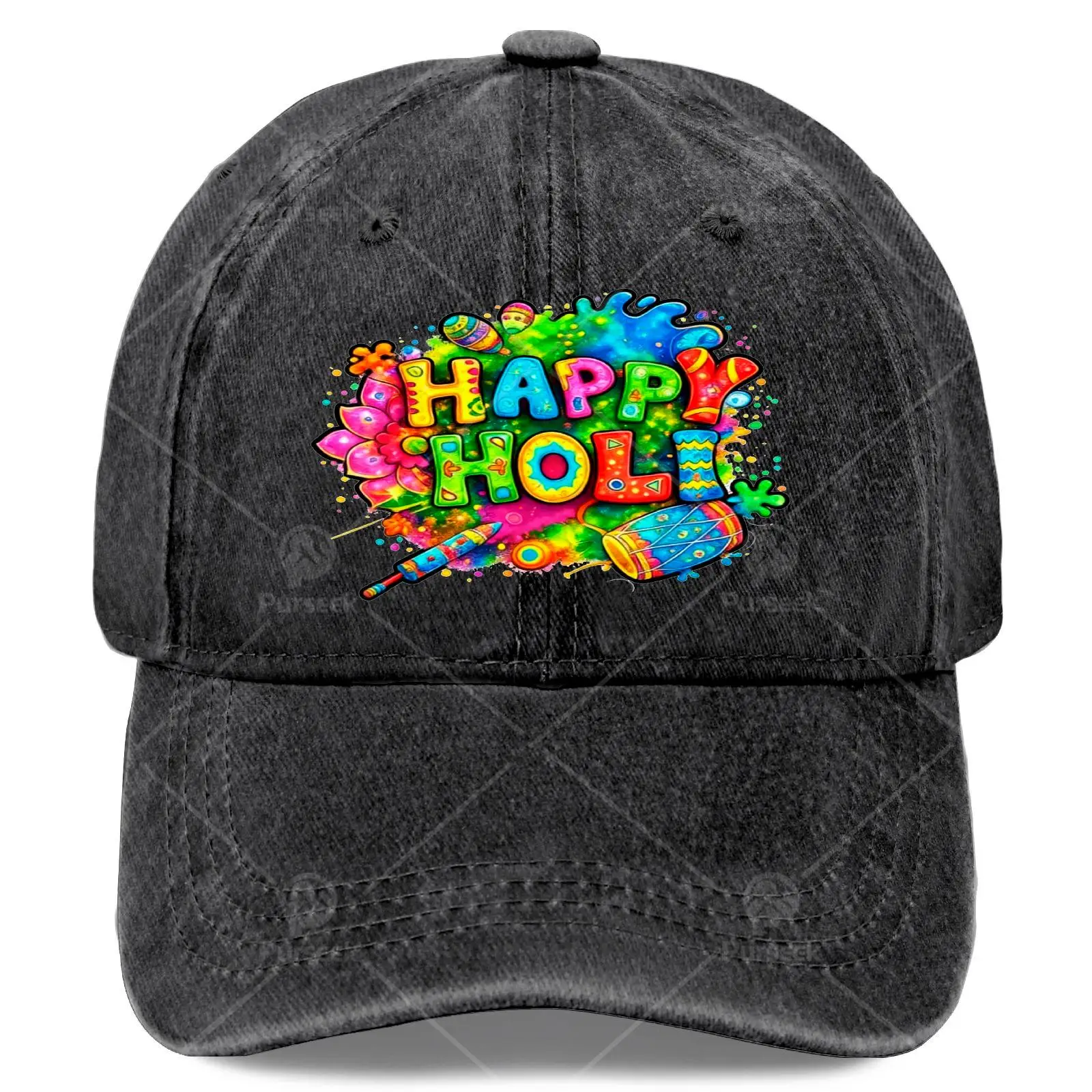 Casquette de baseball rétro à imprimé intégral sur le thème du festival indien Holi, motif culturel hindou, idéale pour Noël, le 4 juillet, les événements, à calotte ronde avec