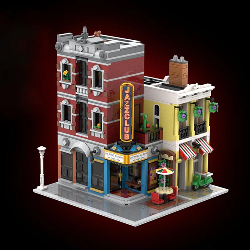 Moc Creating Modular Corner Jazz Club  Expert Pizza Shop Model House Building Blocks Compatible 10312 Street View Kids Toys Gift