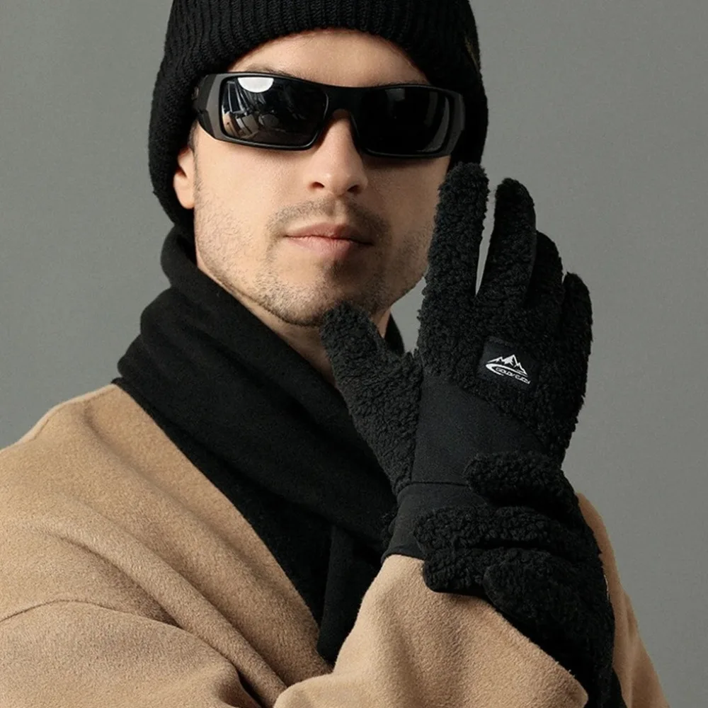 Winter Warm Dikker Fleece Handschoenen Antislip Touchscreen Fietswanten Teddy Fluweel Winddichte Thermische Zwarte Handschoenen