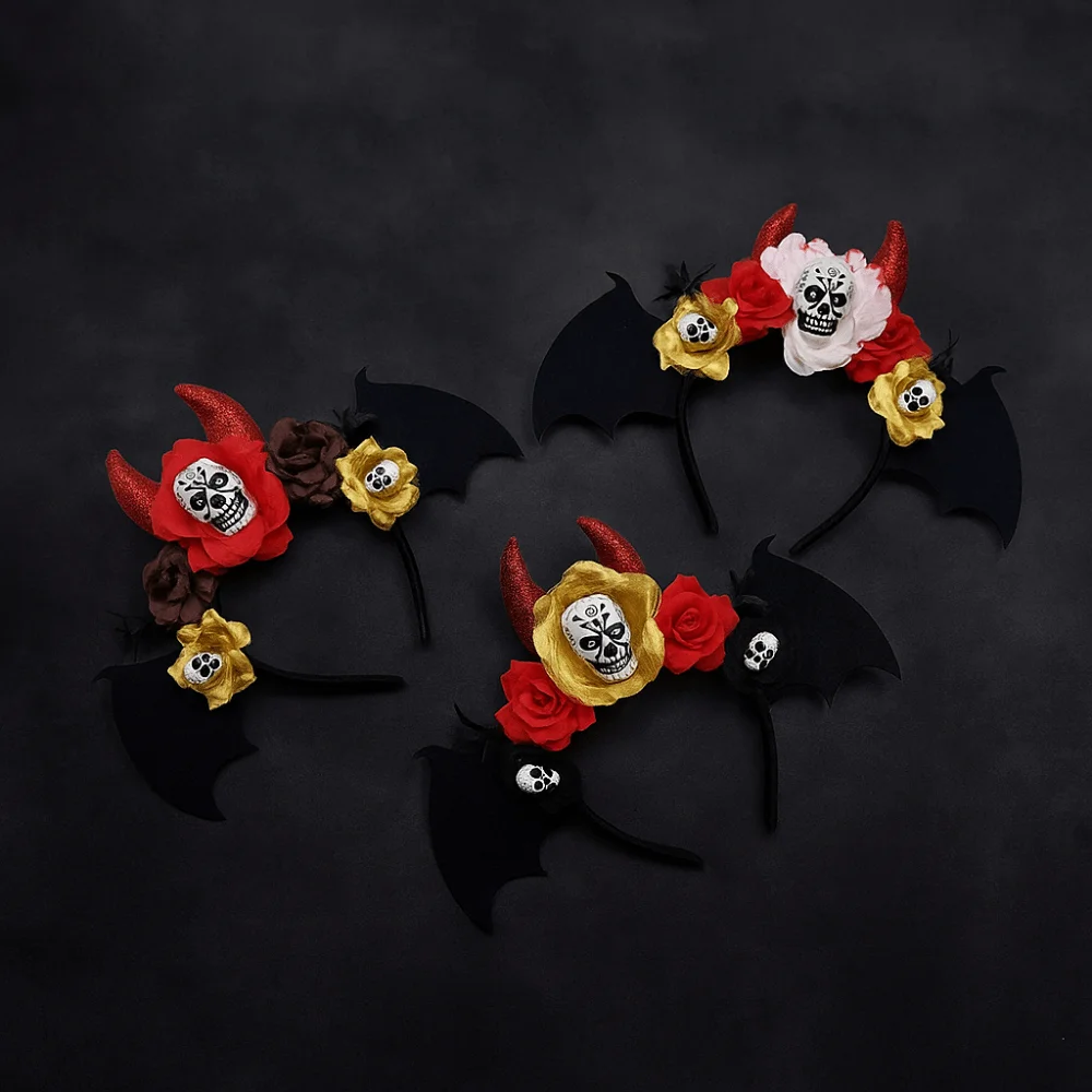 Gothic Skull Head Hair Hoop Simulation Flowers Dark Halloween Skull Headband Decor Headdress Day of The Dead Hairband Party