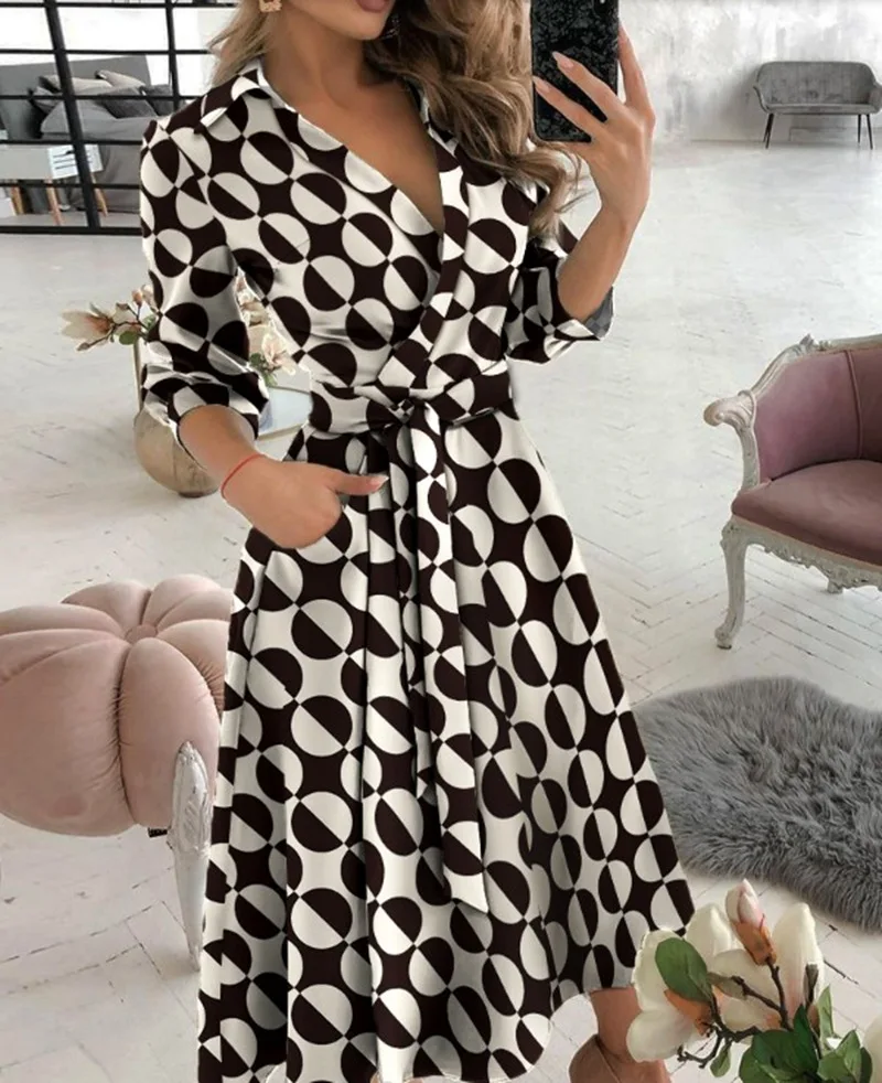 Autumn New Casual Women\'s Fashion Long-sleeved V-neck Printed Pattern Mid-length Elegant Printed Women\'s Dress