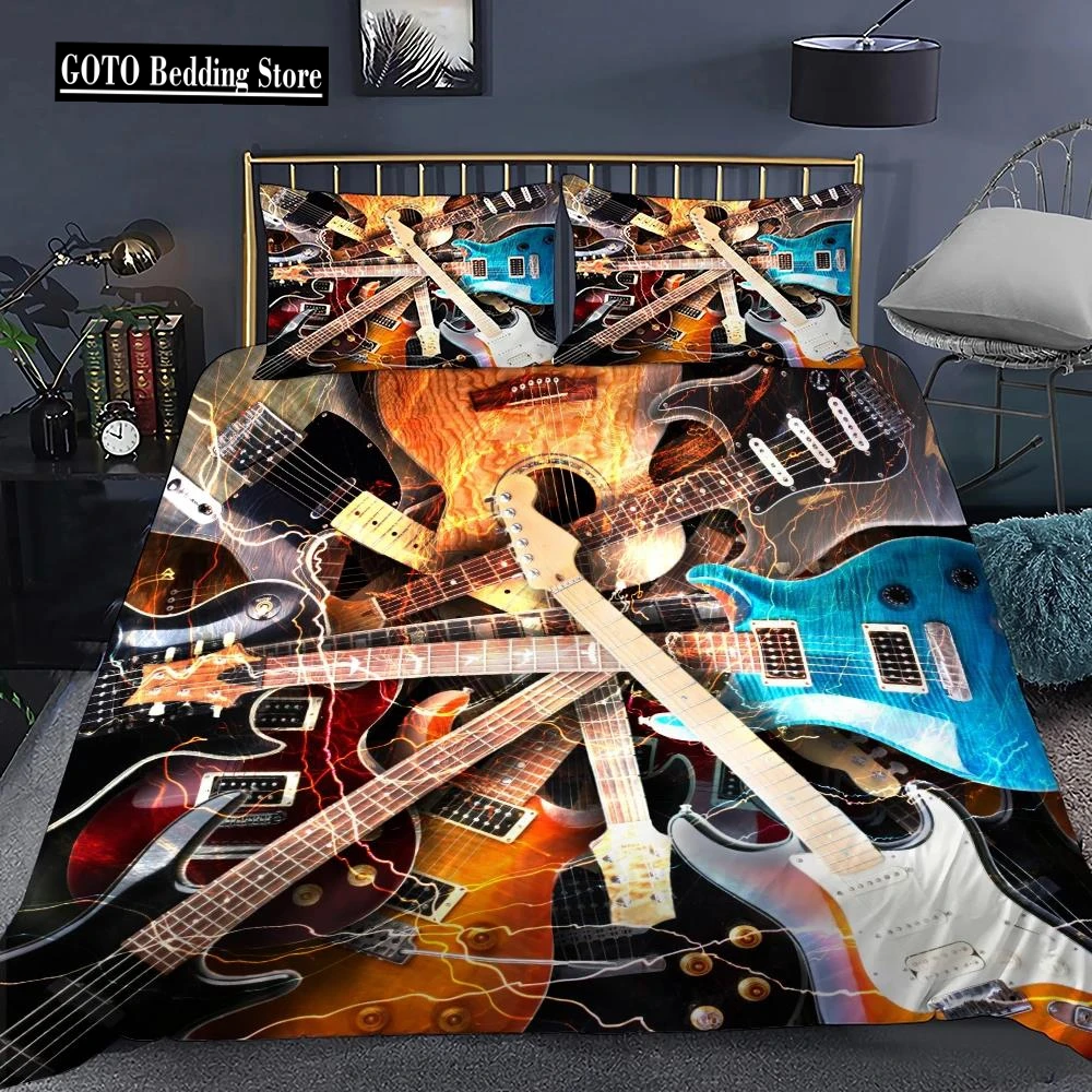 

Electric Guitar Print Comforter Sets Twin Music Instrument 3D Duvet Cover Teens Youngs Rocking Roll Guitar Lovers Bedding Sets