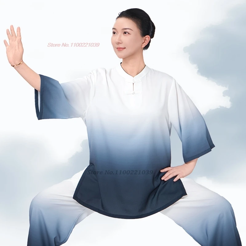

2025 traditional tai chi kungfu exercise tops+pants set gradient color breathable martial arts training practice performance set