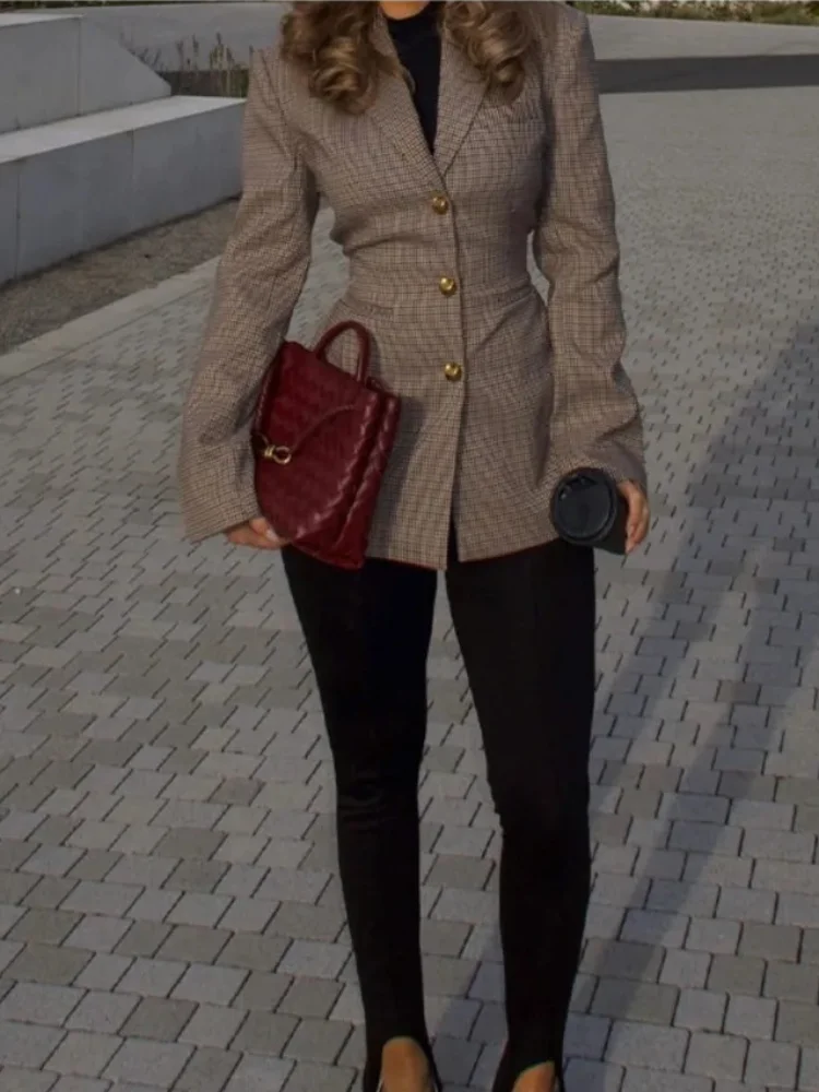 

Woman Commute Khaki Plaid Suit Coat V Neck Lapel Long Sleeved Loose Button Jacket Fashion Charm Office Street Female Outercoat