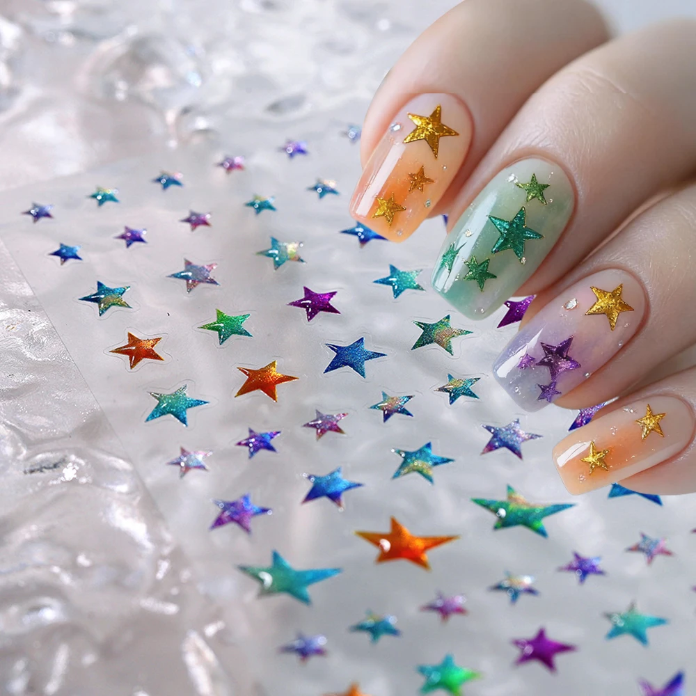 5D Jelly Star Self Adhesive Embossed Colorful Five Pointed Glitter Star Nail Stickers Decals For Manicure Supplies Decorations