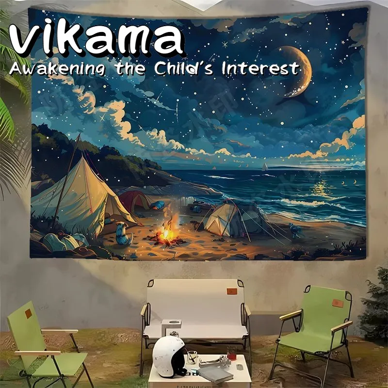 نسيج خلفية للتخييم على شاطئ الغابة من VIKAMA - ديكور خلفية صورة للنزهات الخارجية، معلق على الحائط جمالي عتيق