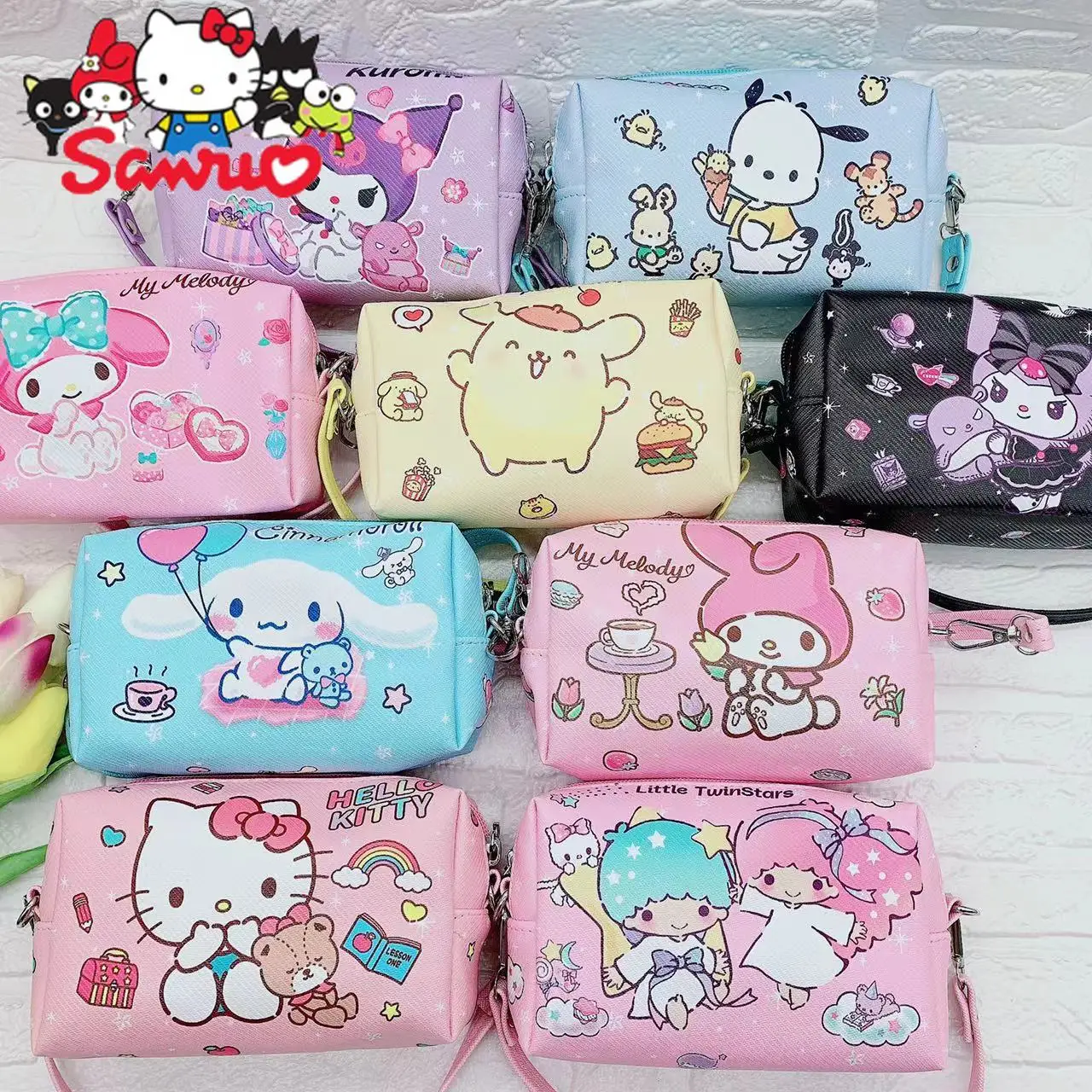 Sanrio Melody Kuromi Hello Kitty Cinnamoroll Pochacco's Bag PU Leather Clutch Bag Cosmetics Storage Bag Wrist Dual-purpose Bag