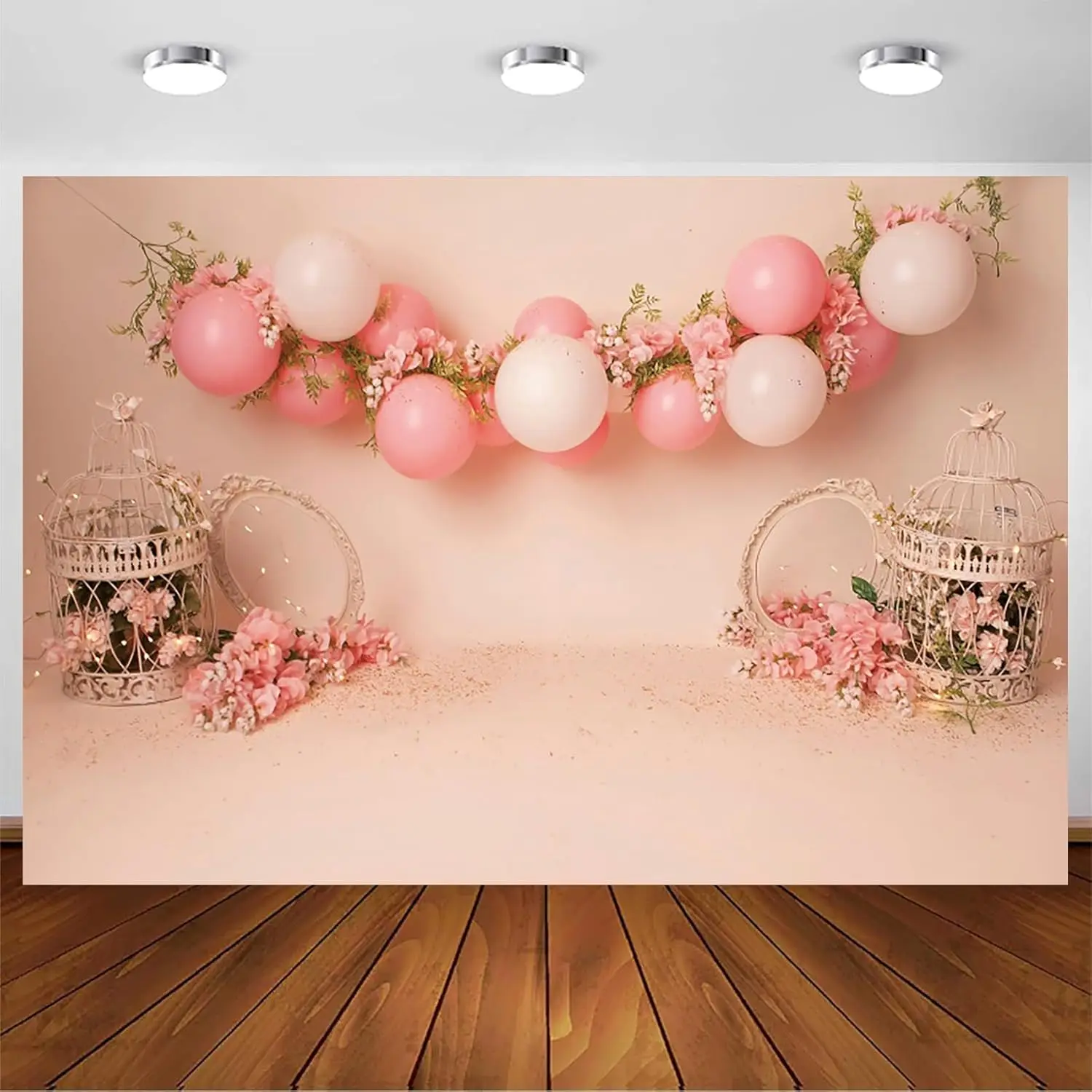 

Baby Girl Happy Birthday Backdrop Pink Balloons Floral Photography Background First Birthday Shower Cake Smash Banner Decoration