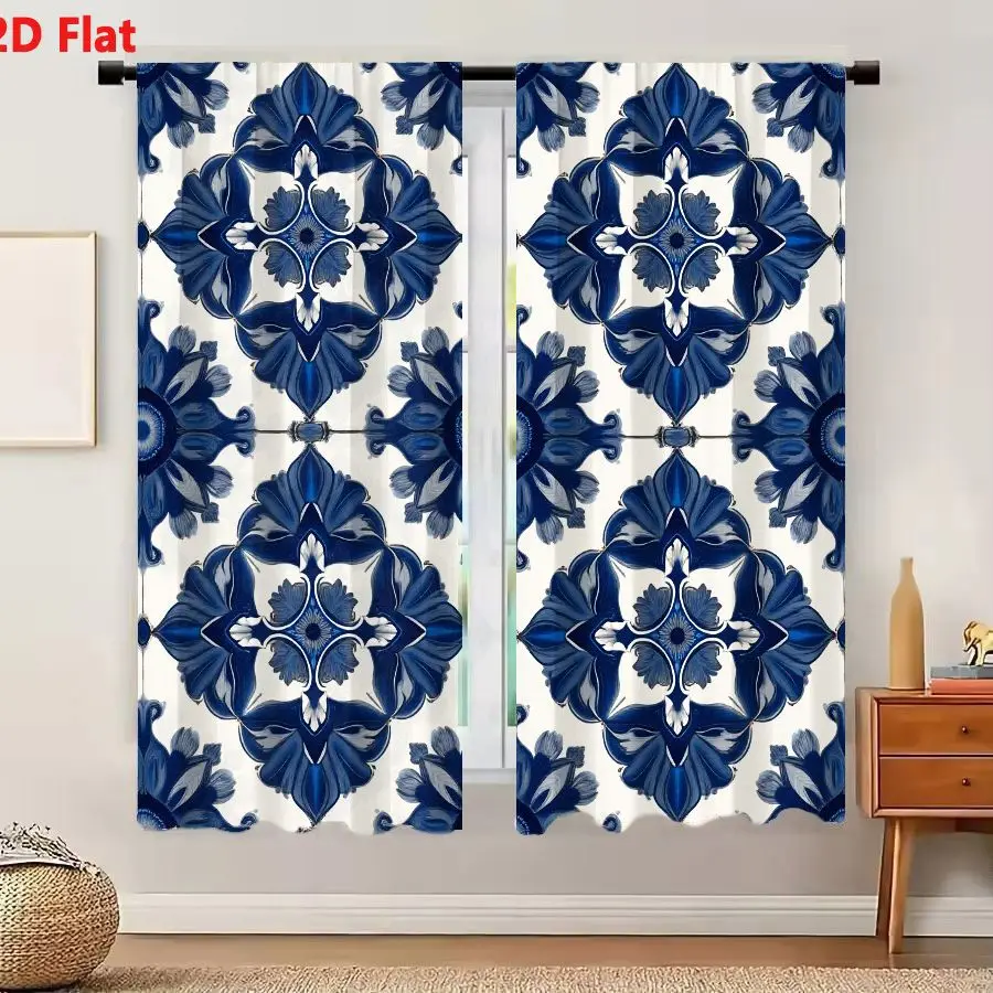 2Pcs Curtains 2D Flat Classic Blue And Cream Ornate Floral Geometric Tile Pattern Inspired By Traditional Portuguese Azulejos Wi