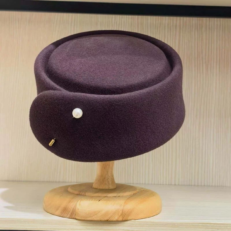 Fashion Wool Pearl Beret Women Autumn Winter Flight Attendant Hat Wedding French Elegant Pillbox Hat Classic Designer Basin Hat