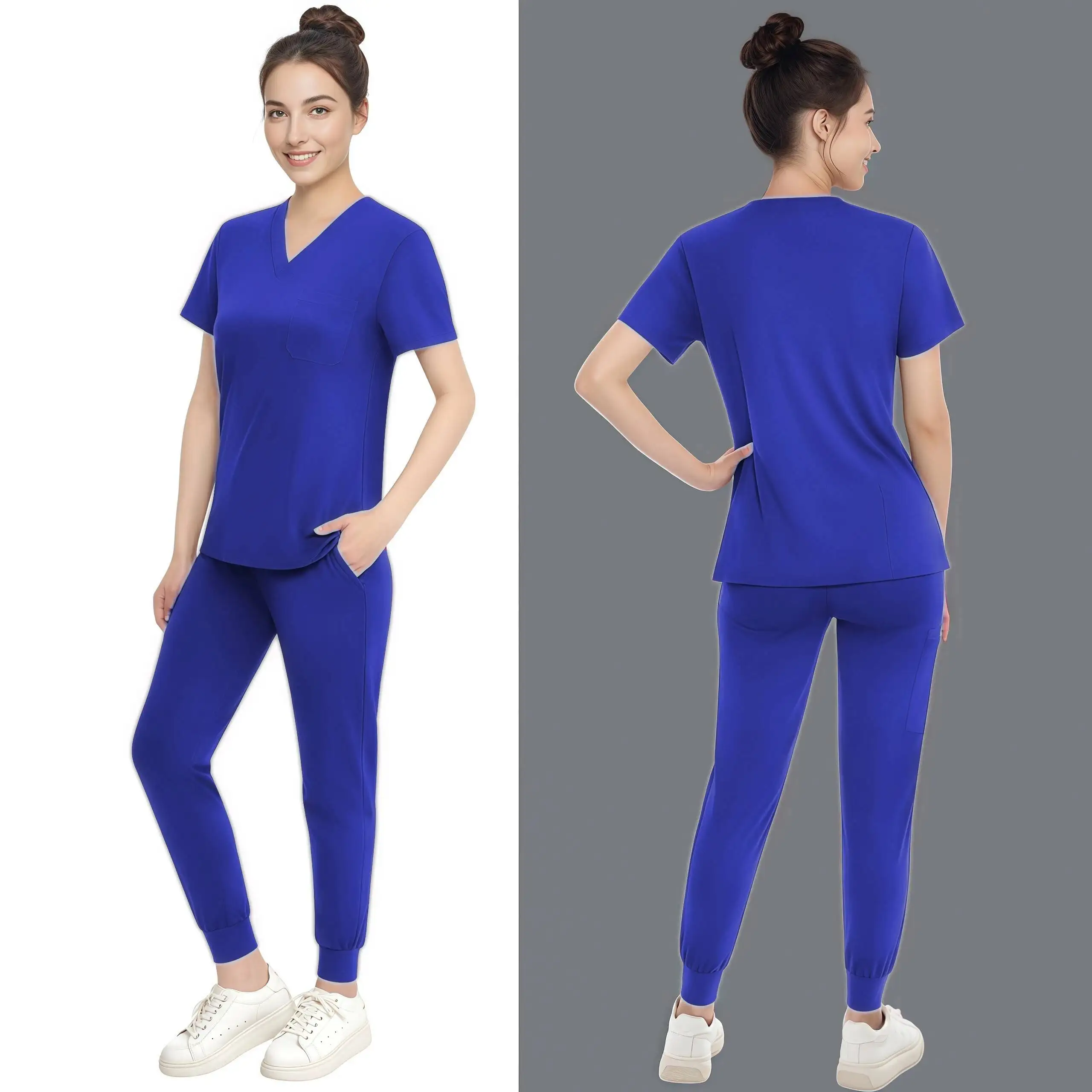 Multicolour Jogger Suit Doctor Nursing Uniforms Medical Clinical Clothes Short Sleeve V-Neck Tops Pocket Pants Nurse Scrubs Set