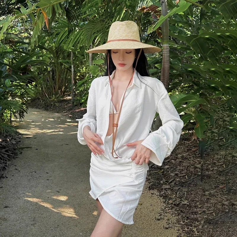 Seaside Beach Bikini Shirt Skirt Swimsuit Women's Three-piece Set 2025