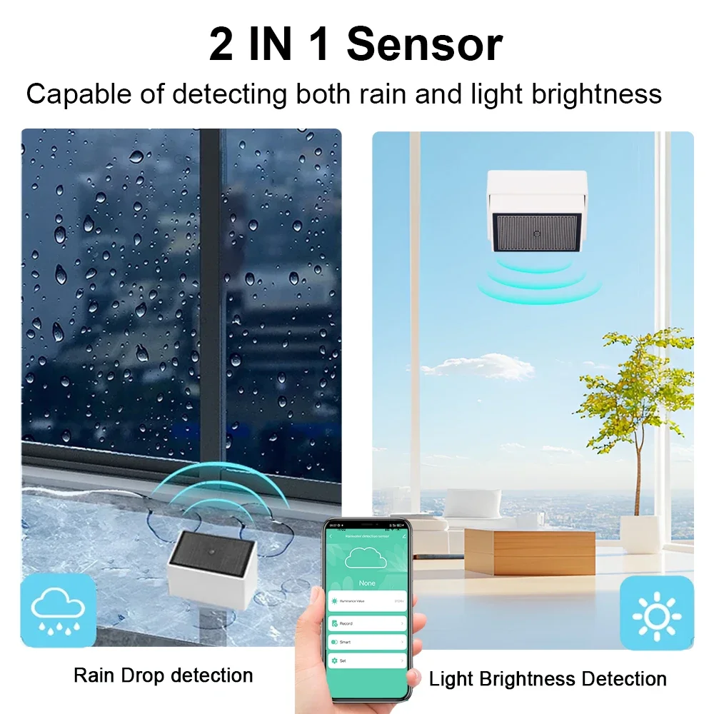 Tuya Zigbee Sensore di rilevamento gocce di pioggia con rilevatore di luce IPX4 Supporto impermeabile esterno Assistente domestico Zigbee2mqtt