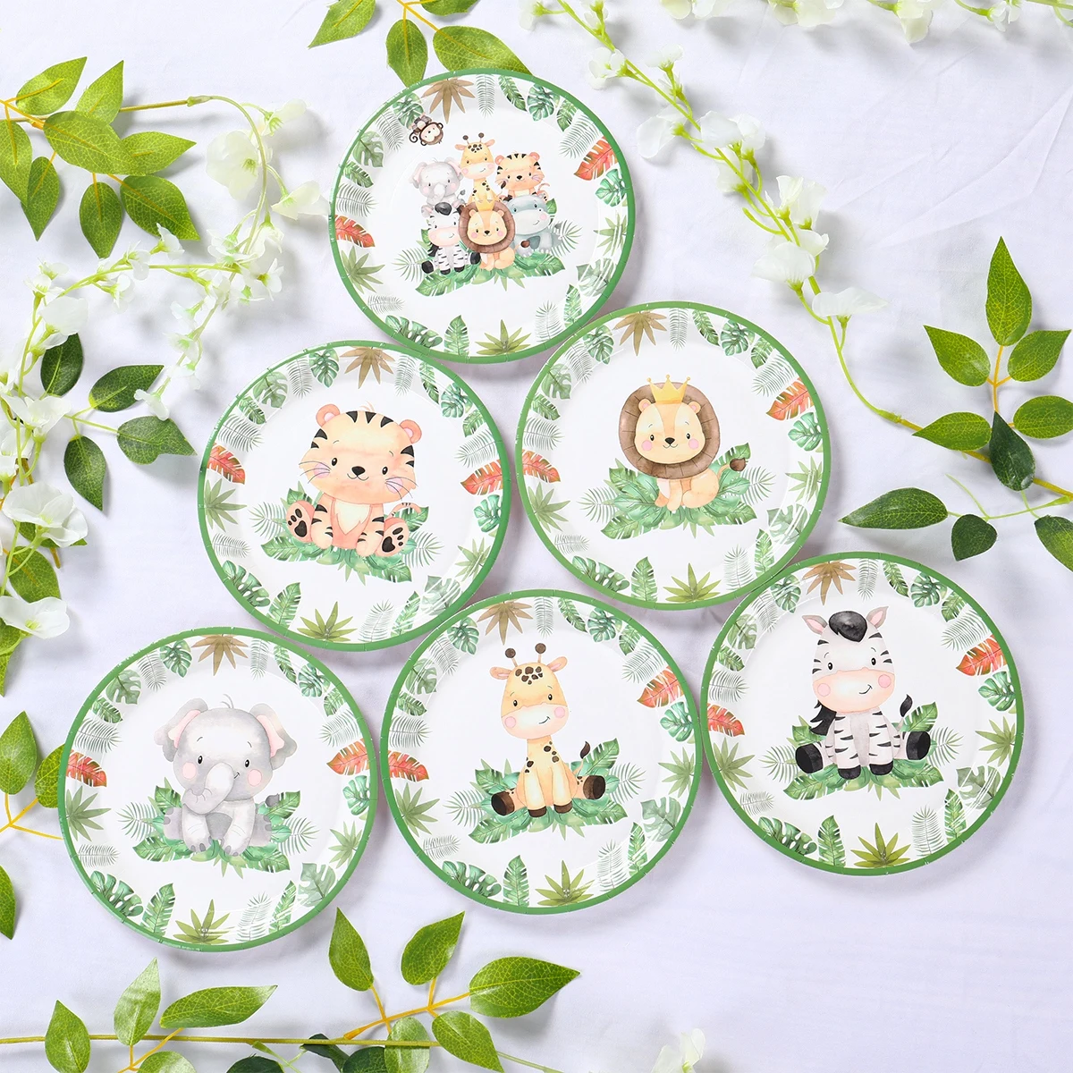 8pcs 7inch Cartoon Animals Paper Plates Jungle Lion Disposable Plate Safari Wild One Happy Birthday Party Decor Kids Boy Girl