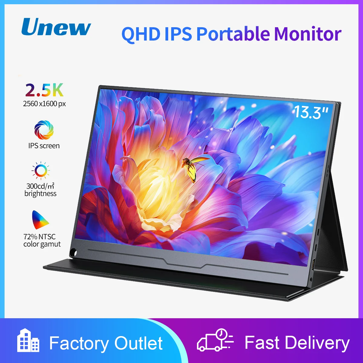 13.3 inch Monitor FHD 2560X1600 2.5K Full HD IPS Portable Screen with Cover Stand Mini HDMI 2 Type-c Port for Laptop Switch Xbox