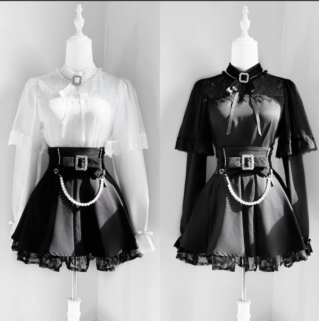Mine Series Mass-produced Lace Long-sleeved Black White Lo Shirt Heavy Pearl High-waisted Skirt 2piece Japanese New Lolita Sets