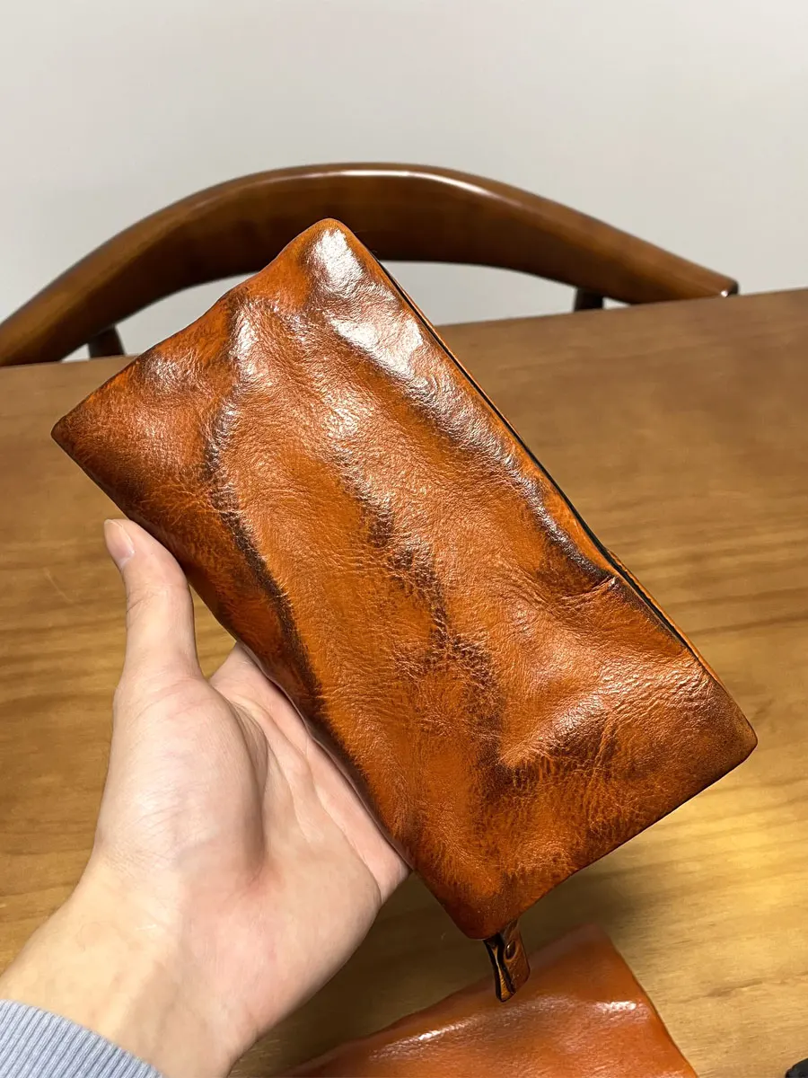 casual handmade luxury first layer cowhide men's women's long wallet simple vintage high-quality genuine leather phone purse