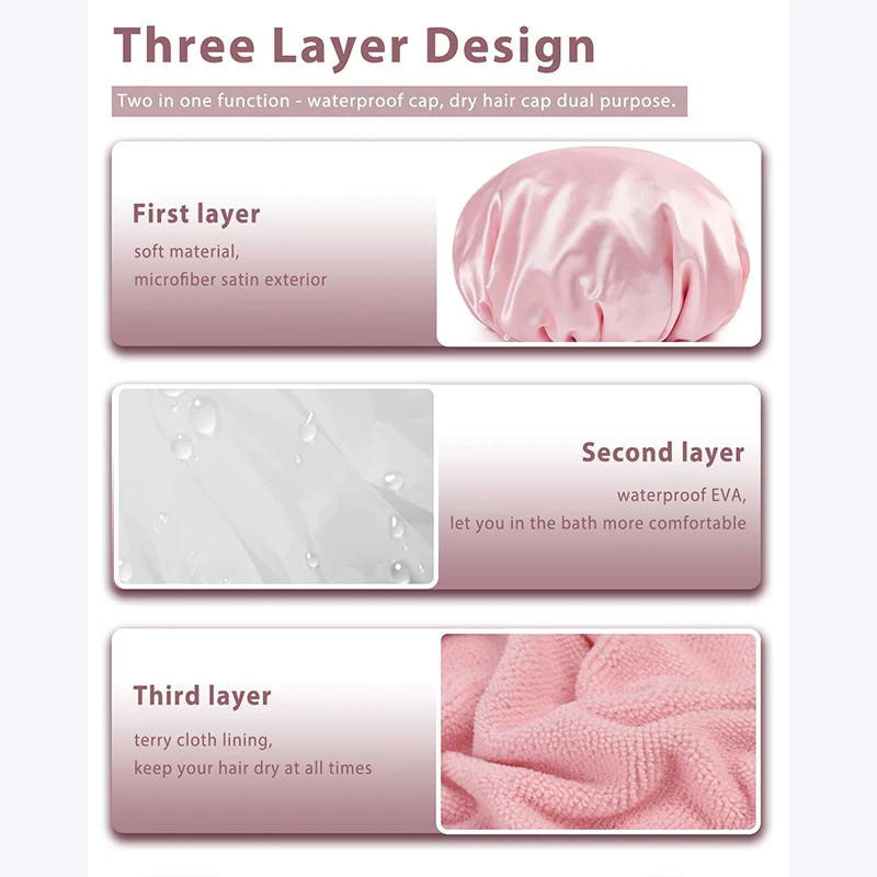 Waterproof Shower Cap 3-Layer Thicken Shower Hair Cover Women Reusable Long Hair Bath Hat Kitchen Bathroom Shampoo Caps