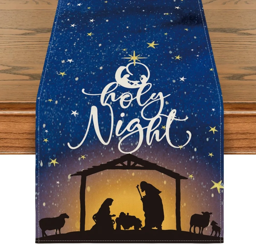 Lord Blue Sky Christmas Table Runner, Seasonal Winter Holy Night Christ Kitchen Dining Table Decor for Outdoor Home Party