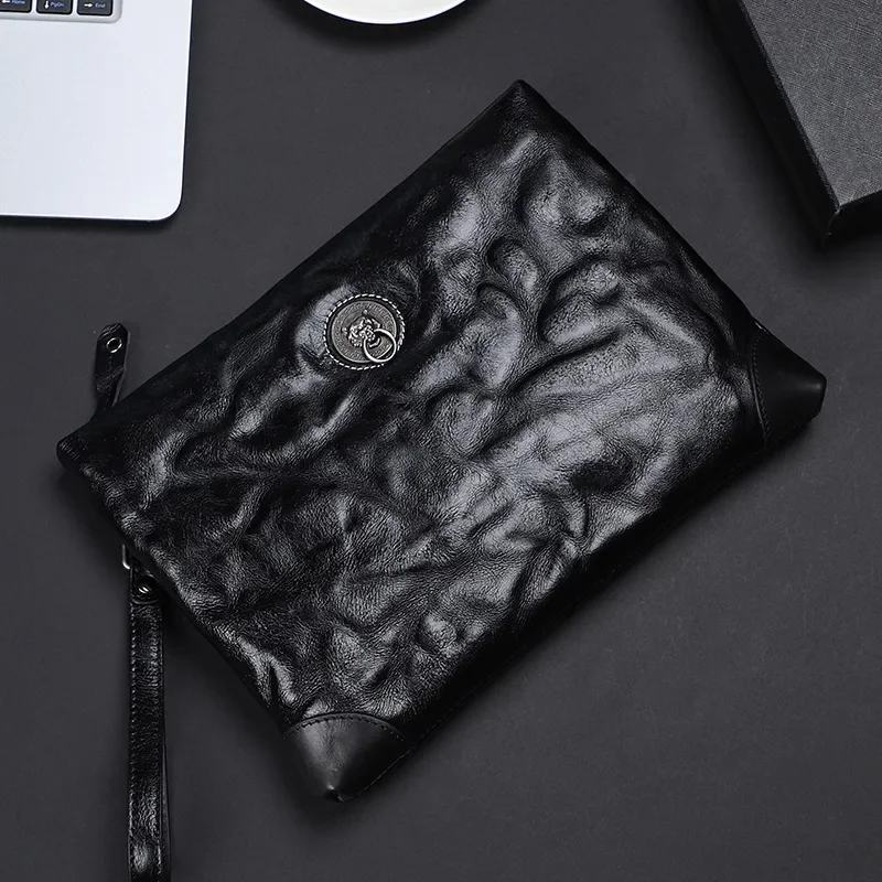 GENOFAN-Pochette de jour en cuir véritable pour homme, sac à main long, portefeuille enveloppe, peau de vache, haute qualité