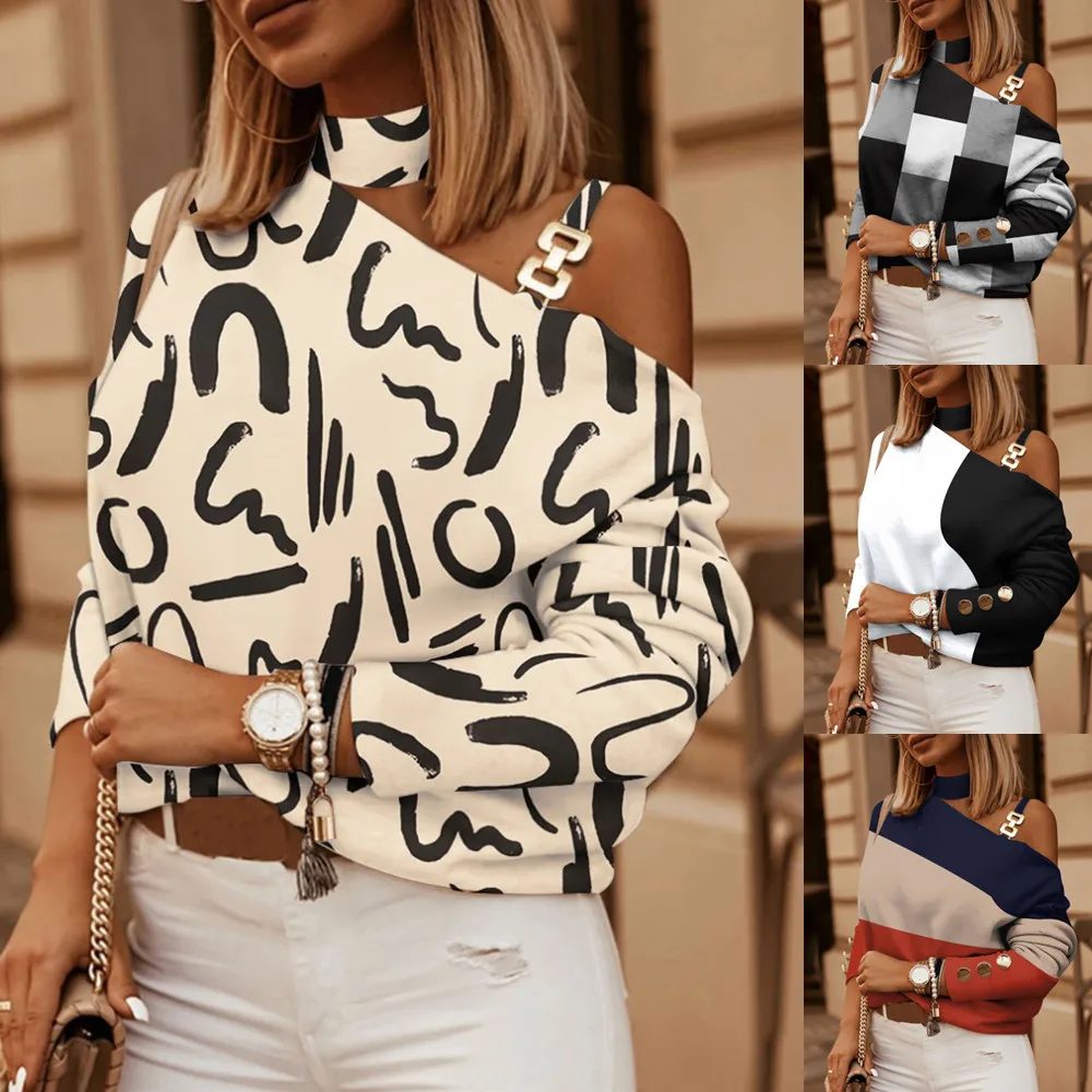 

Women Tops Long Sleeve Skew Collar Tees Print T Shirts Pullover High Street Tee Autumn Loose Fit 2025 Casual Buttons Chain