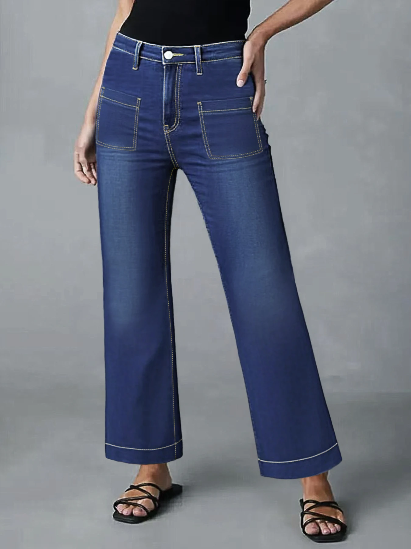 

Women's Plus Size Dark Blue Washed Front Pocket Denim Capri Pants, Contrast Stitching Stretchy Hip-Lifting Commute Flare Pants