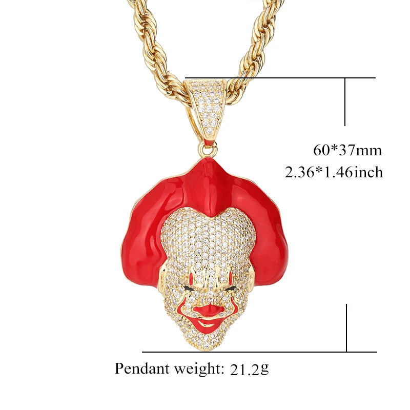 Wholesale Hip Hop 14k Gold Plated clown Zircon Copper Pendants and Necklaces