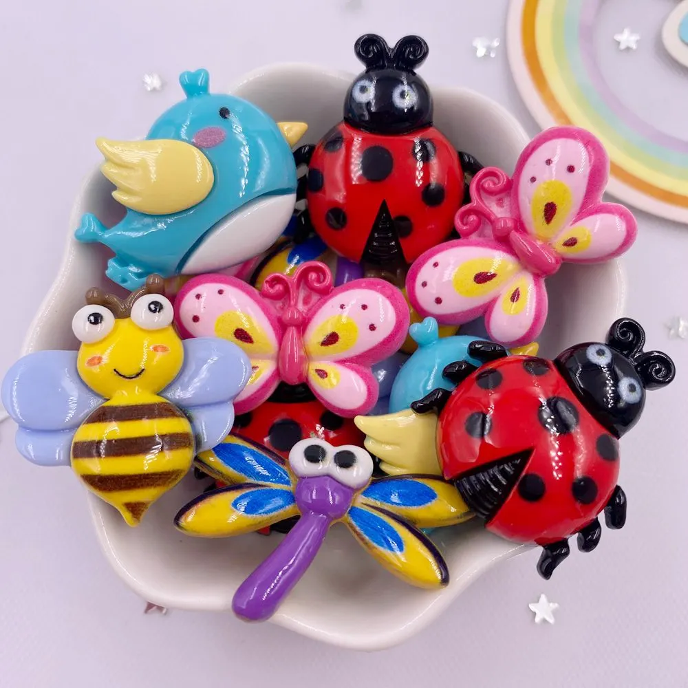 Colorful Resin Big Bees Dragonflies Birds Beetles Butterfly Cartoon Flatback Scrapbook Craft DIY Accessory Decor 10pcs Figurine