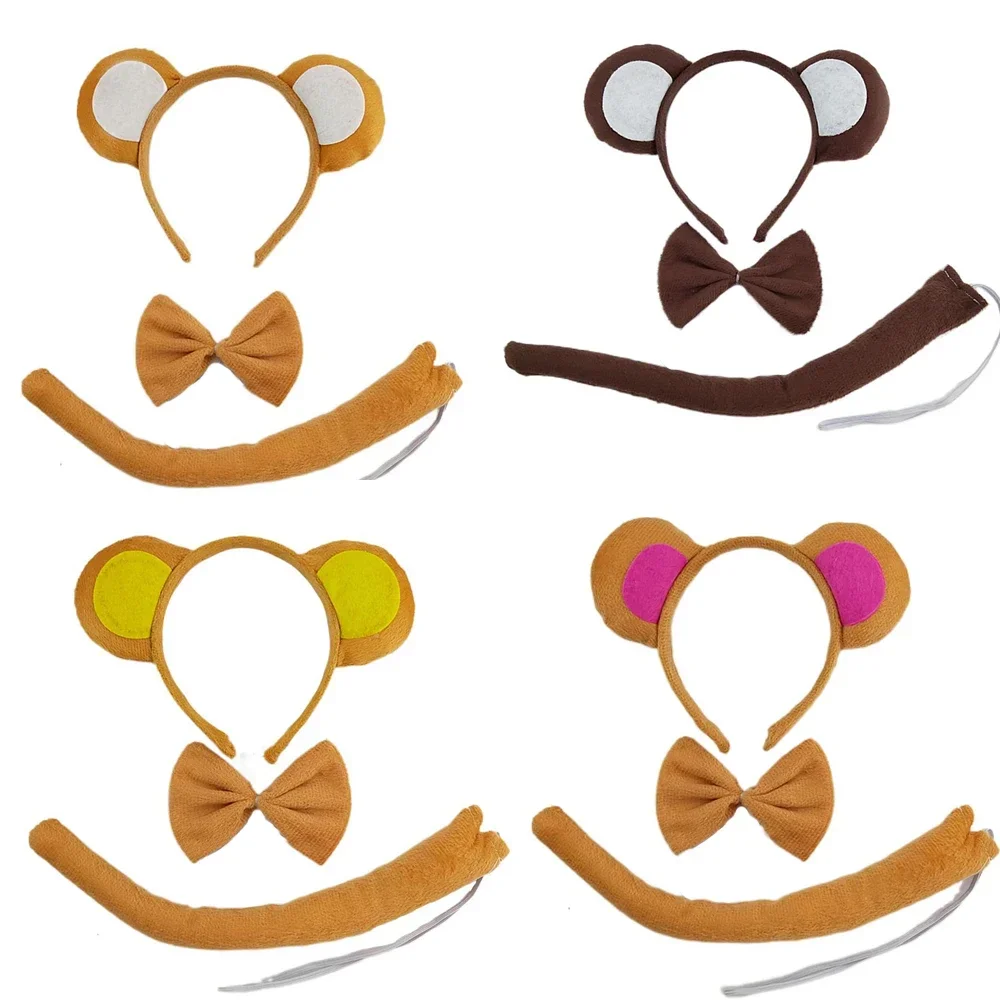 10pcs Adult Kids Party Boy Girl Monkey Ear Headband Bow Tie Tail  Animal Hair Bands Plush  Birthday Halloween Costume