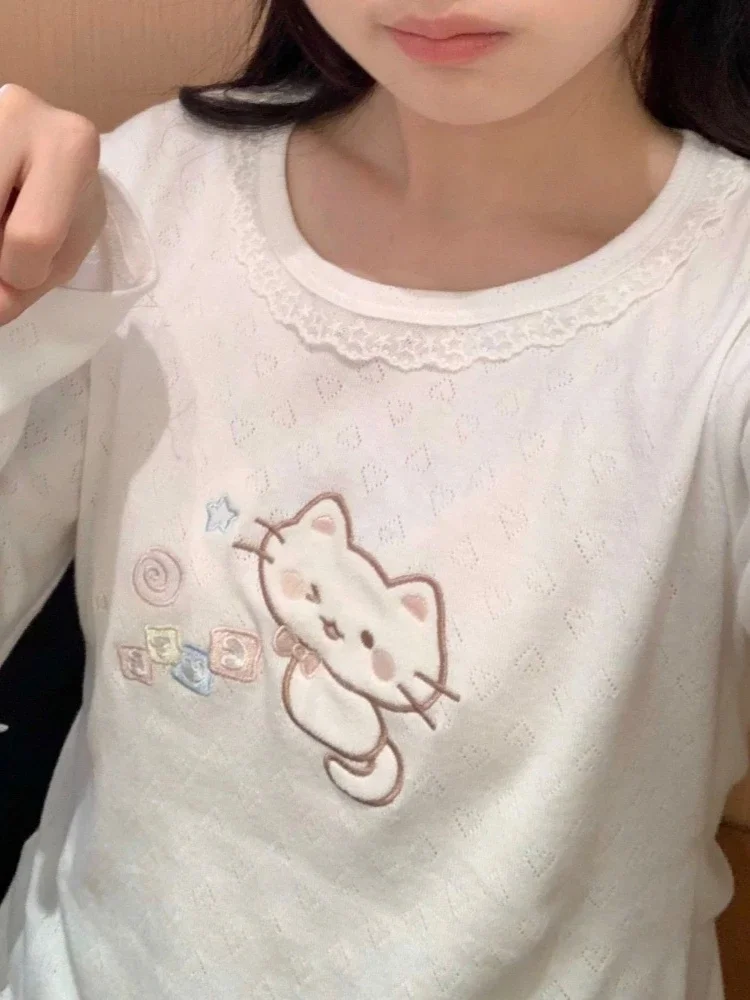 HOUZHOU Kawaii Cuteore Sweet T Shirts Women Japanese Style Y2k Lace Patchwork Cute Cartoon Embroidery Tees Tops Soft Girl 2024