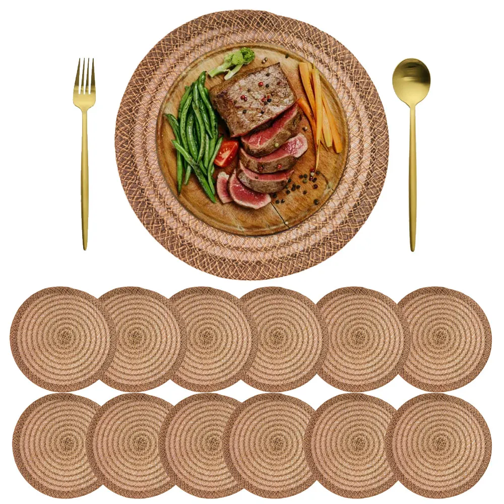 

4/6/12 pcs Round Placemats and Coasters Braided Woven Place Mats Non Slip Heat Resistant for Wedding Kitchen Table Decor