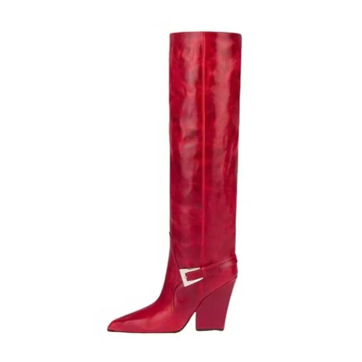 Arden Furtado Autumn red PU Belt buckle skinny boots Pointed toe pull-on Chunky heels Knee high boots extra large size
