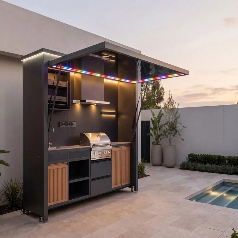 All in One Outdoor Kitchen Station for Backyard BBQ Include Prep Area Storage and Grill Space