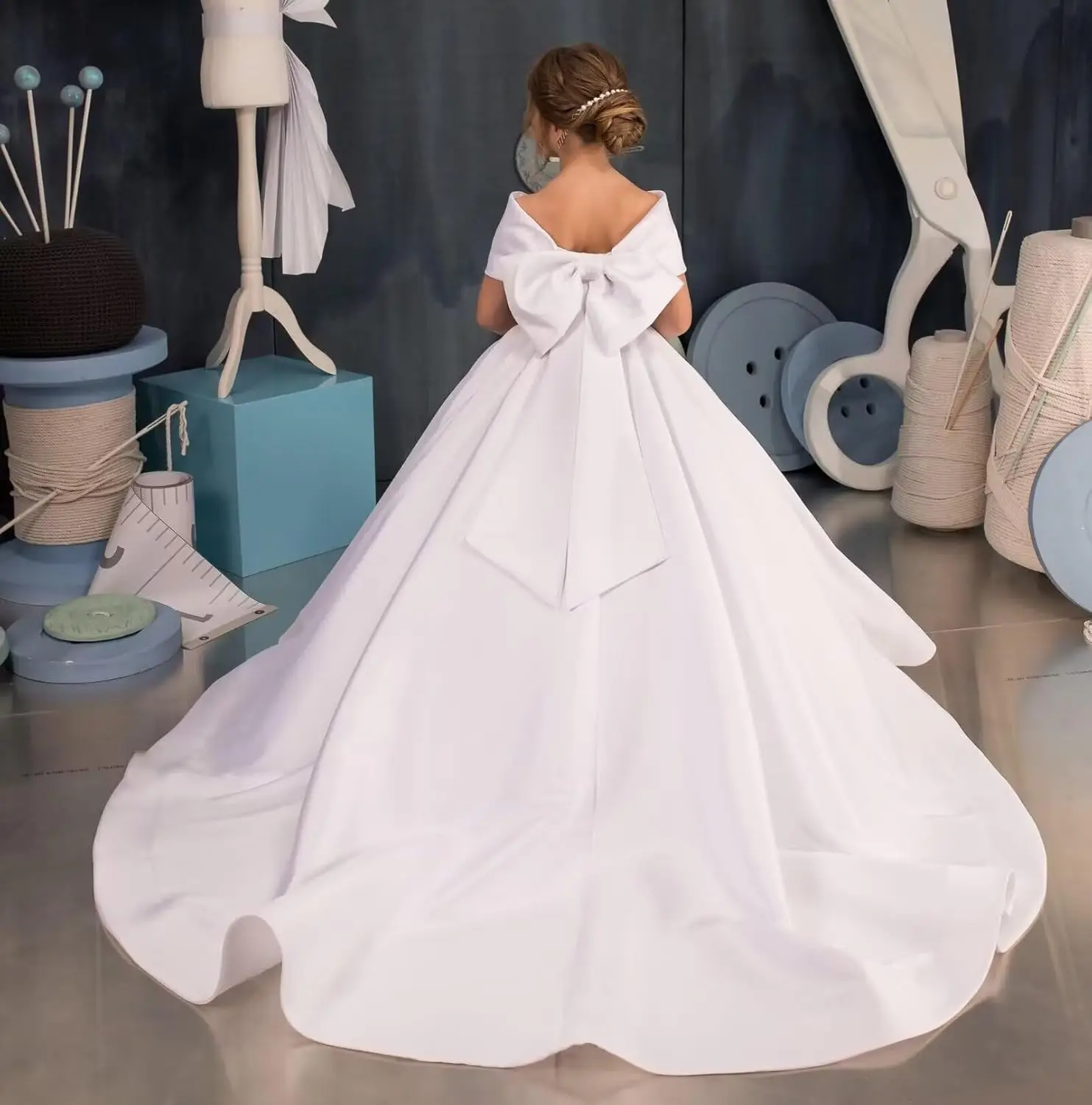 Off Shoulder Flower Girl Satin Dresses for Wedding Princess First Communion Pageant Dresses with Bow-Knot  Flower Girl Dresses