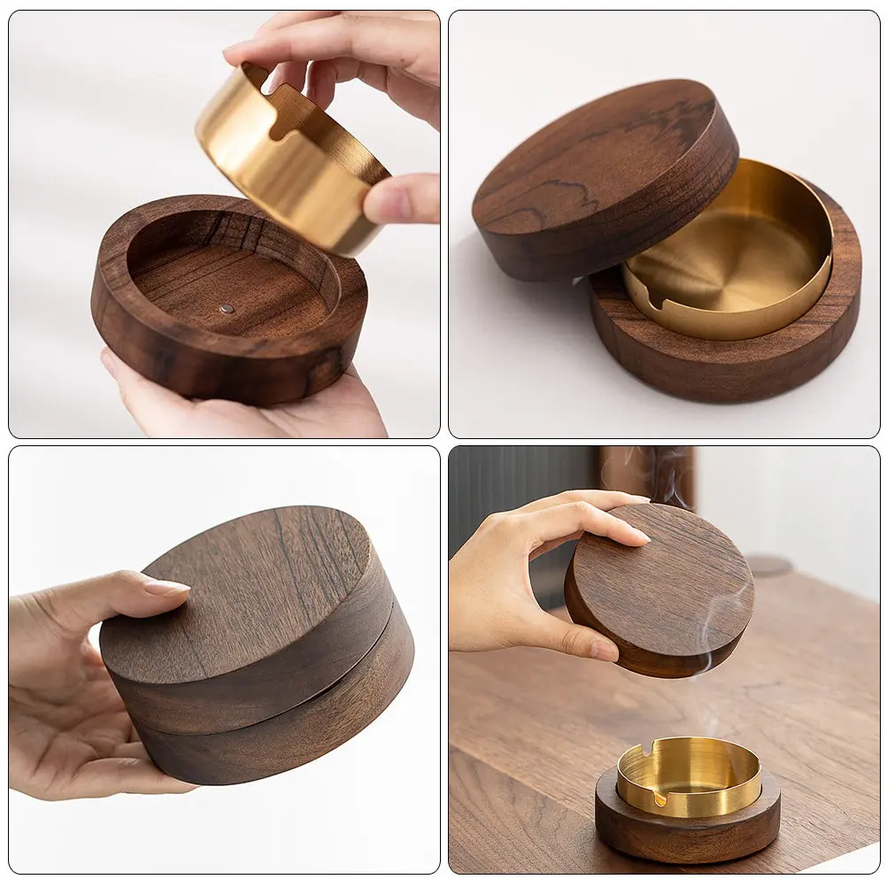 

Деревянная пепельница с металлической вставкой, круглая, с крышкой, ветрозащитная, настольная, для дома, офиса, использования в помещении, подставка для сигарет, декоративная