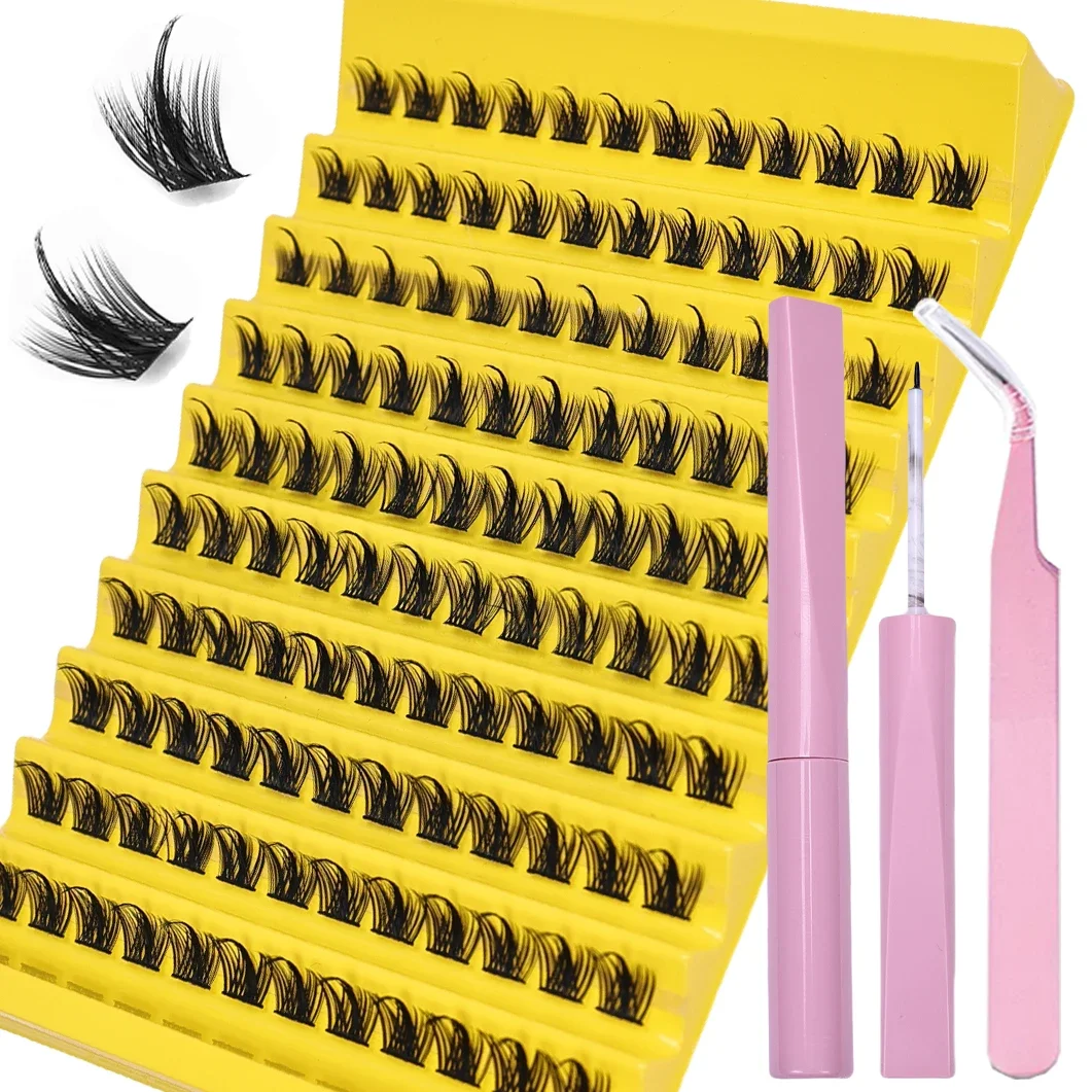 Eyelashes Extension Kit with Mixed Length Clusters and Eyelash Tweezers and Eyelash Adhesive and Sealant for use at home