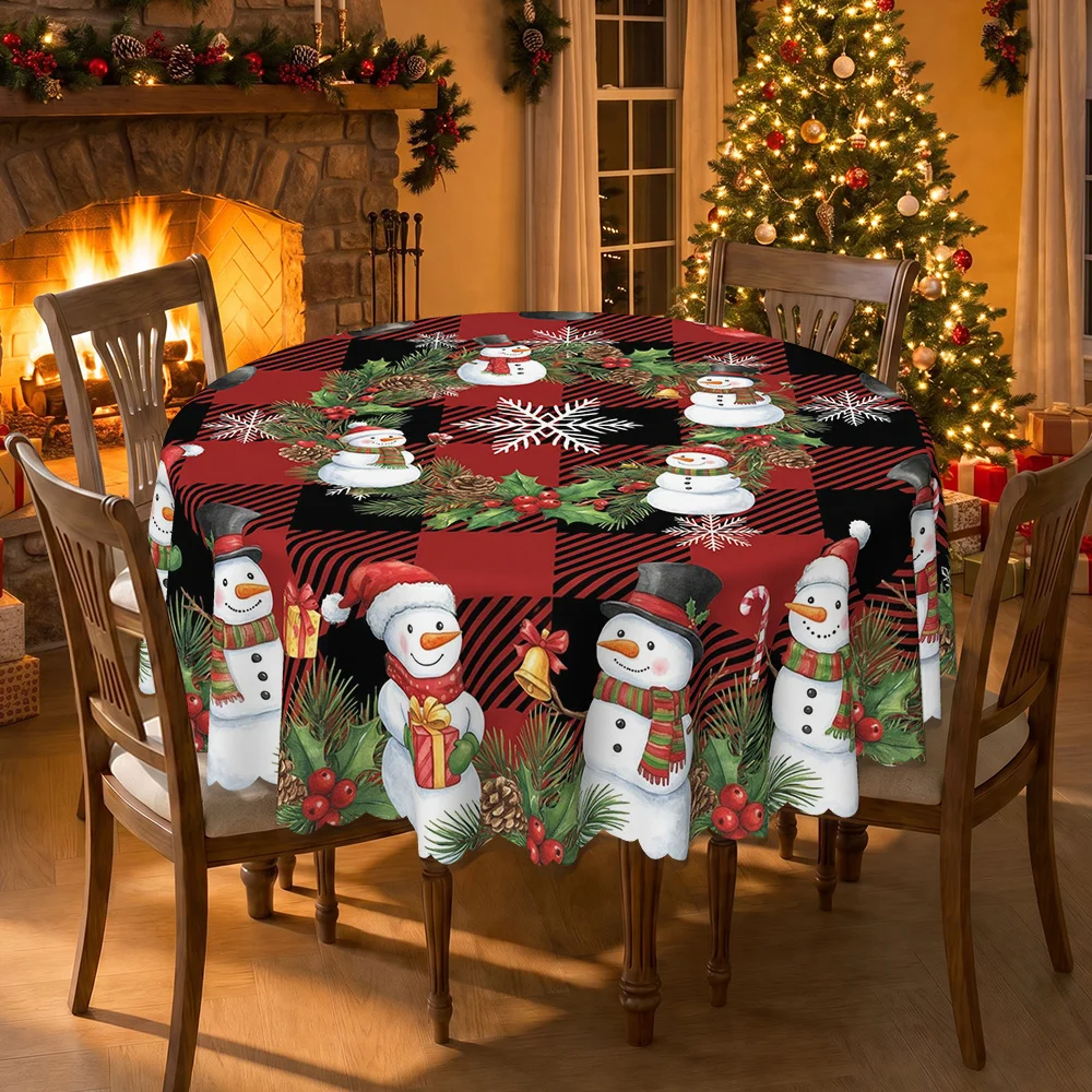 Christmas snowman and buffalo checked round tablecloth