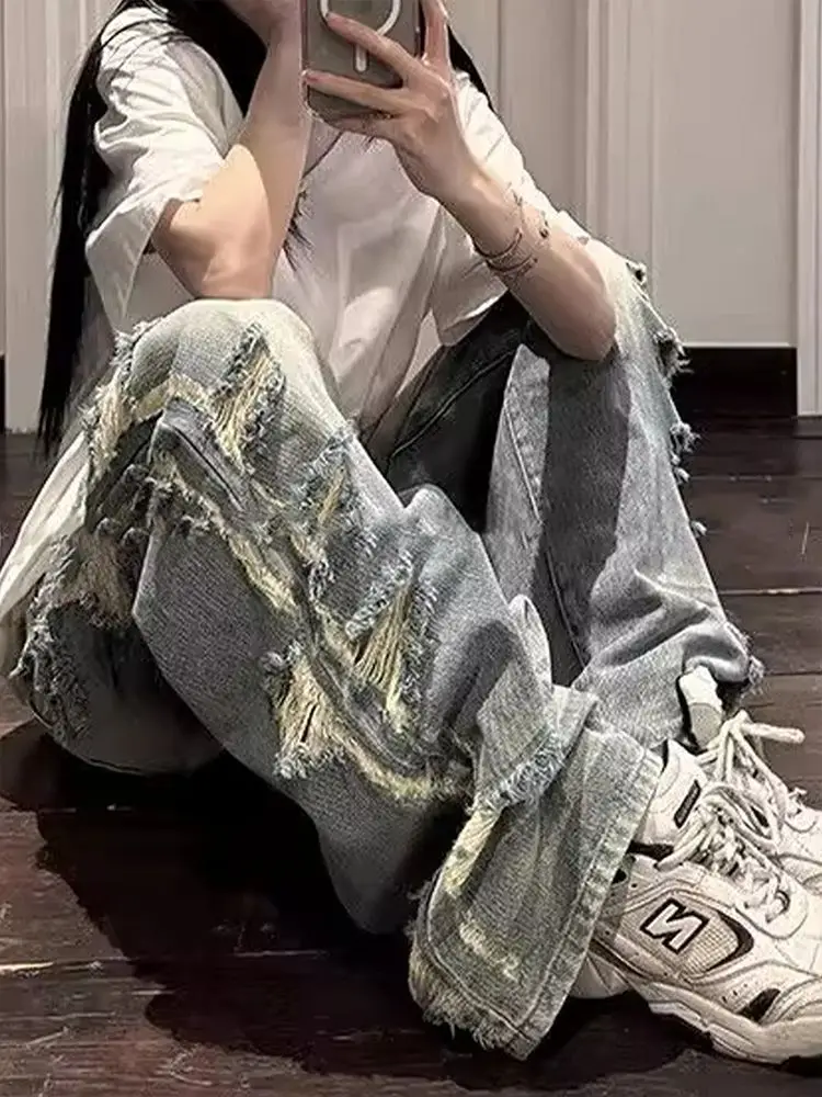 

Vintage Blue Women Ripped Jeans High Waist Baggy Denim Pants Streetwear Y2K American Retro High Street Wide Leg Denim Trousers