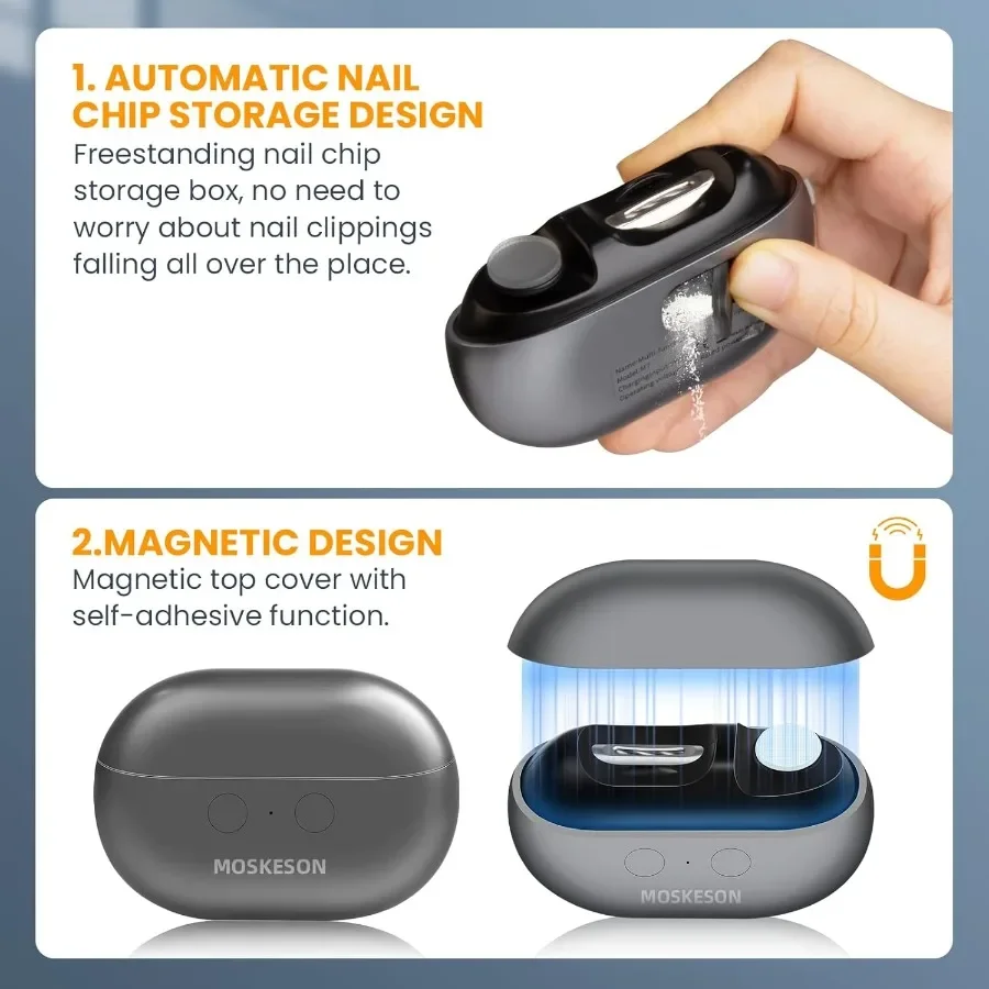 Tagliaunghie elettrico 3in1 con luce a LED per anziani adulti neonati: tagliaunghie automatico lucidatore clip di stoccaggio ricarica USB