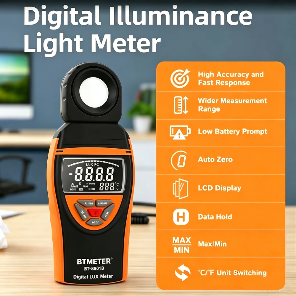 Digital Illuminance Meter, High Accuracy And Fast Response, Light Detector: Used For Light Detection, LCD Display, 1-400,000Lux