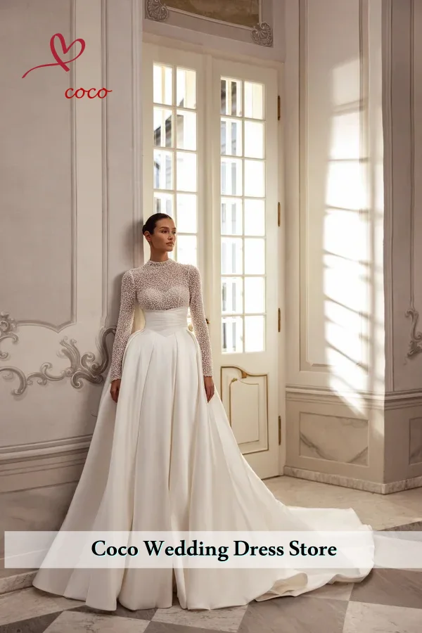 Customized 2026 Long Sleeve A-Line Wedding Dress Fashion O-Neck  Pearls Satin Bride Gown Princess Vestido de Noiva