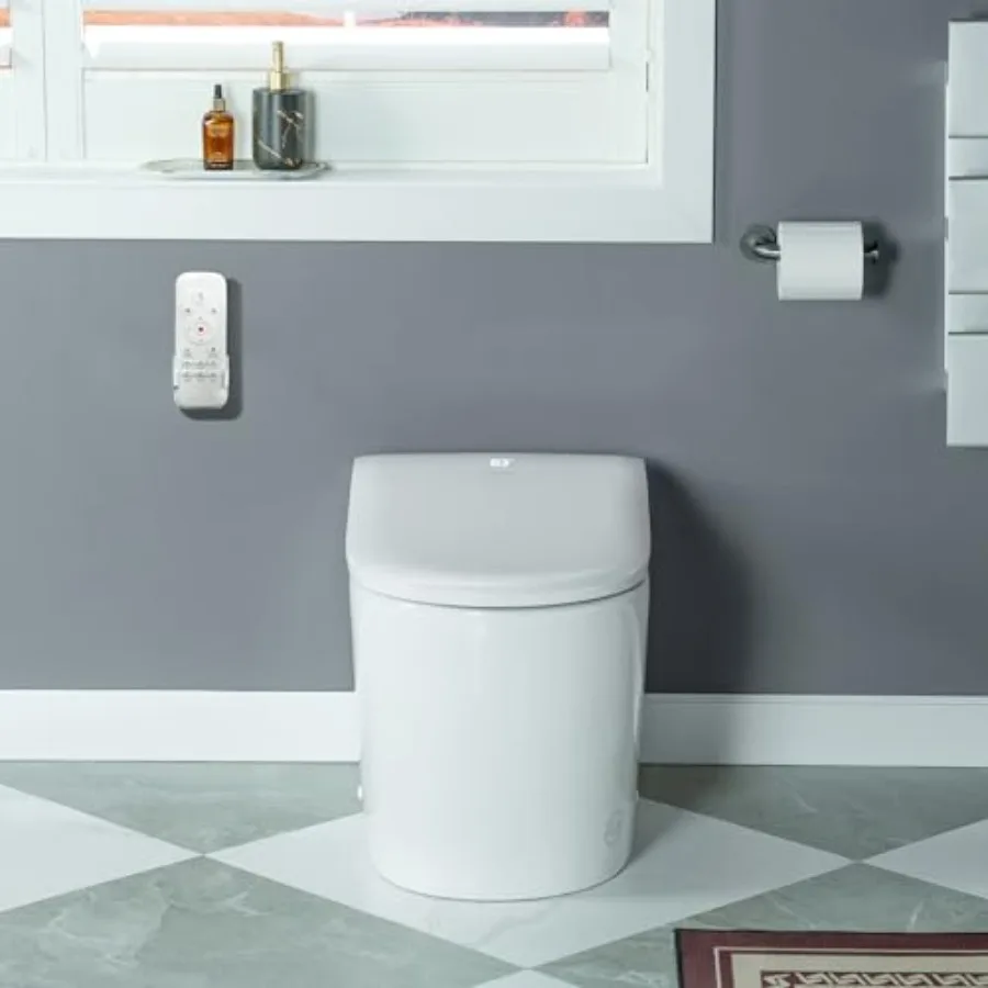

ADA Height Smart Toilet for bathroom use, ceramic material, white color, features auto lid open/close, foot sensor, zero pressu