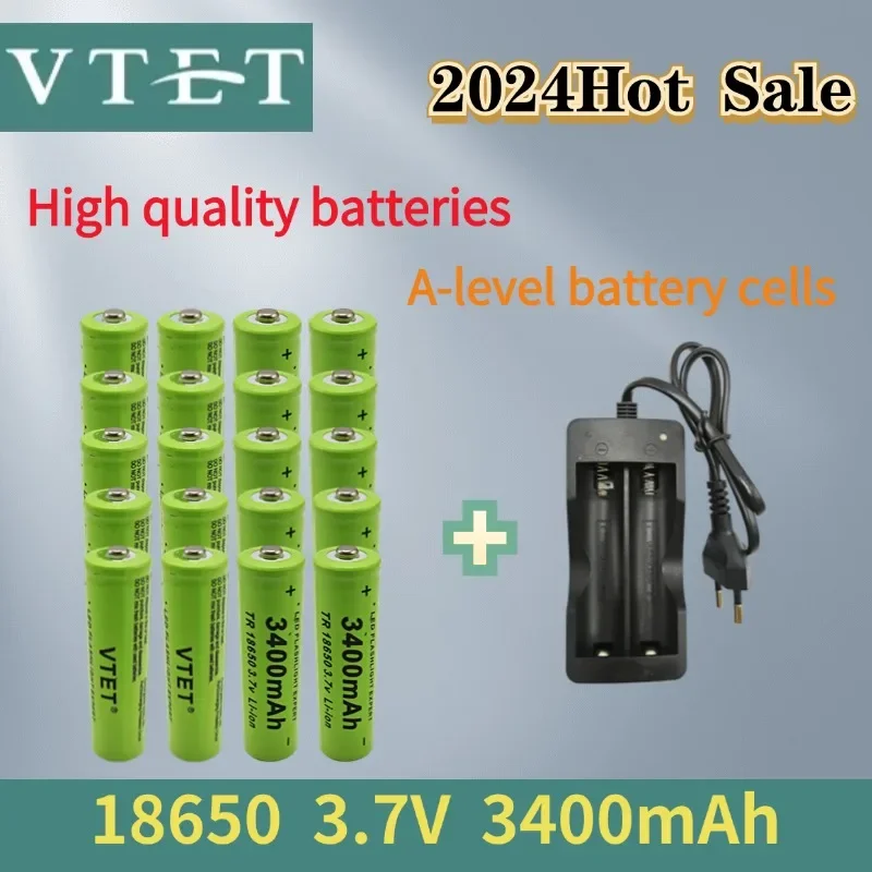 VTET-Batterie aste 2024 V 3.7 mAh, capacité 3400, pour lampe torche + chargeur, nouvelle collection 18650