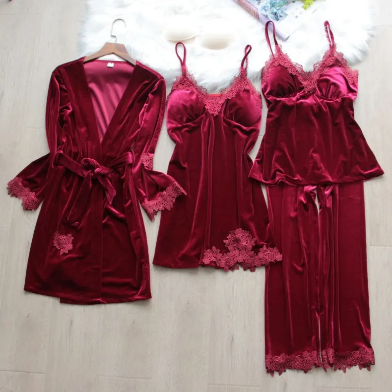 Autumn Winter Velvet Pajamas Four Piece Set Women Sleepwear Sexy Lace Trim Bathrobe Nightgown Loose Velour Homewear Pijamas Suit