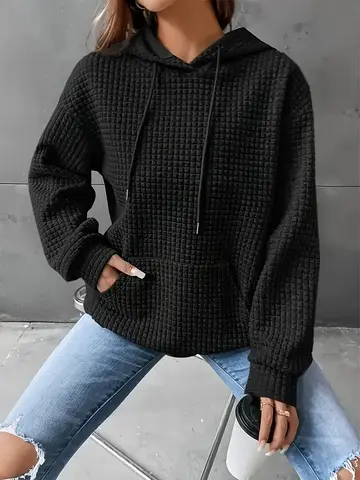 Plus Size Women Solid Black Waffle Grid Textured Hoodie Drawstring Long Sleeve Kangaroo Pocket Loose Cropped Pullover Sweatshirt