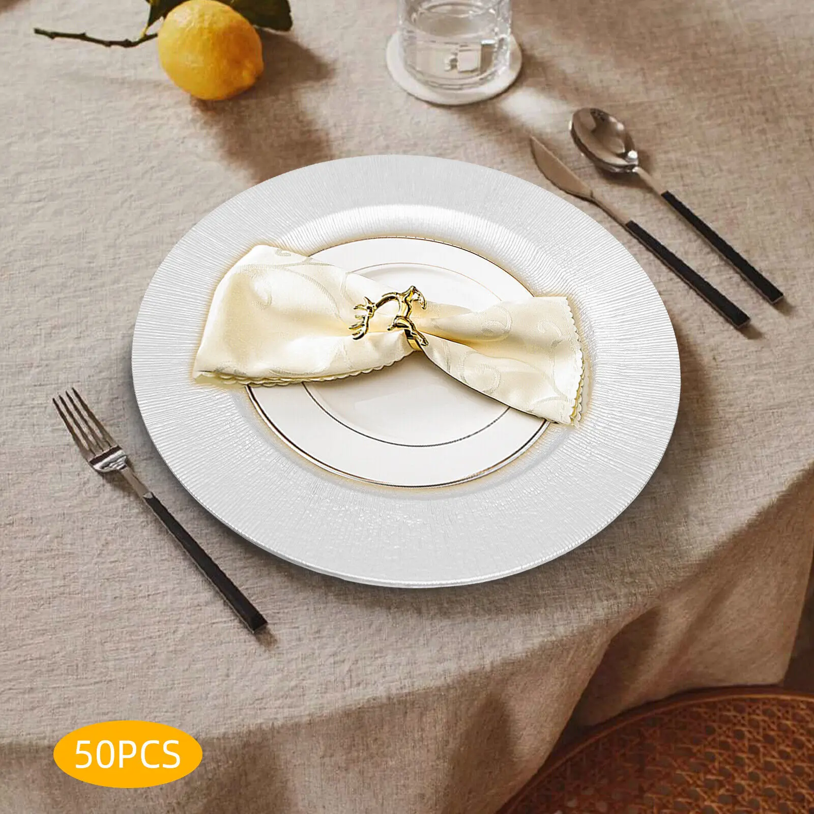 

Silver Round Charger Plates 50 Pack 13 Bulk Plastic Wedding Event Dinner Place Settings Tableware Reusable