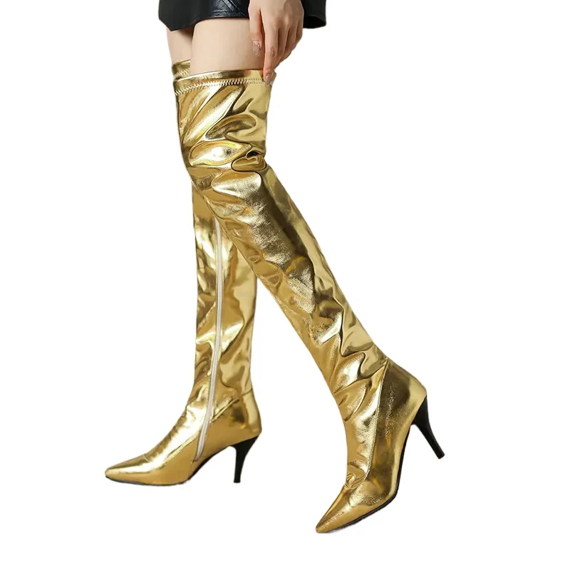 

Ботфорты больших размеров 48 из лакированной кожи, золотистые/серебристые, с острым носком, на шпильке, с внутренней молнией, блестящие, для вечеринок, длинные сапоги 13-7