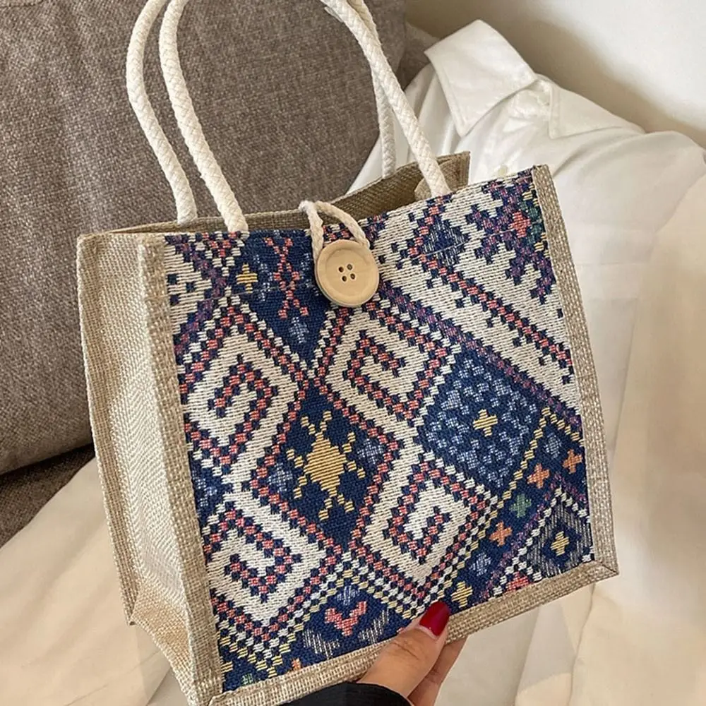 Print Ethnic Style Canvas Bag Large Capacity Embroidery Linen Handbag Mommy Bag Tote Bag Printing Cloth Lunch Bag Female/Girls